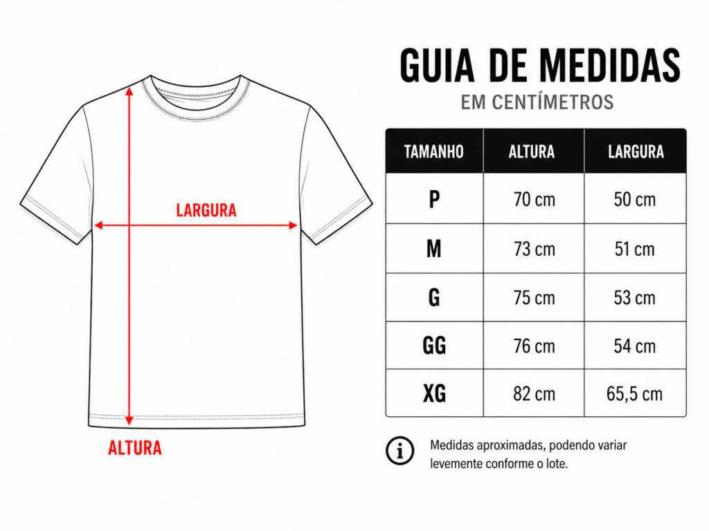 Guia de medidas camiseta algodão