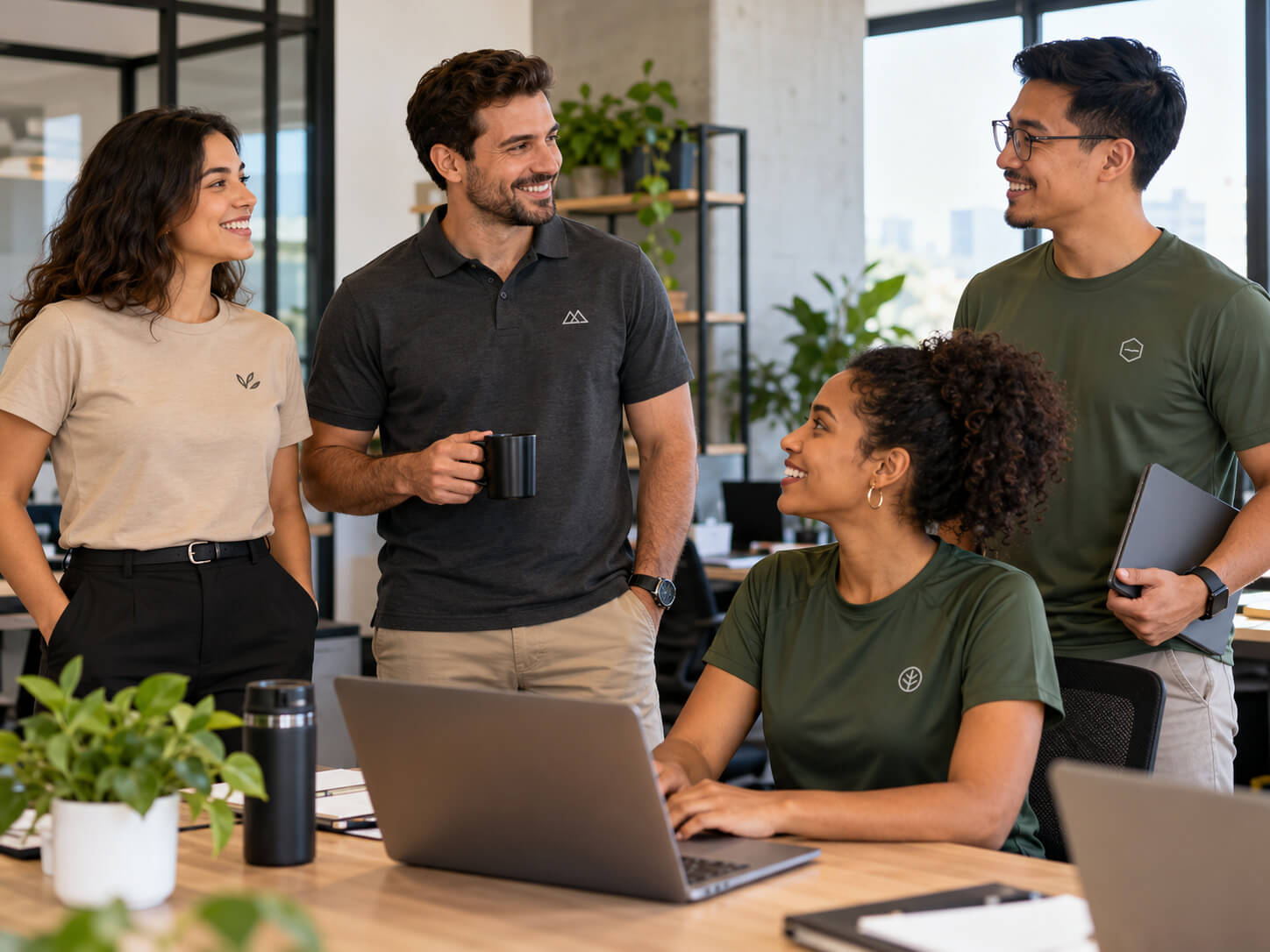 Colaboradores usando camisetas com logotipo da empresa em diferentes cores, destacando a identidade visual corporativa.