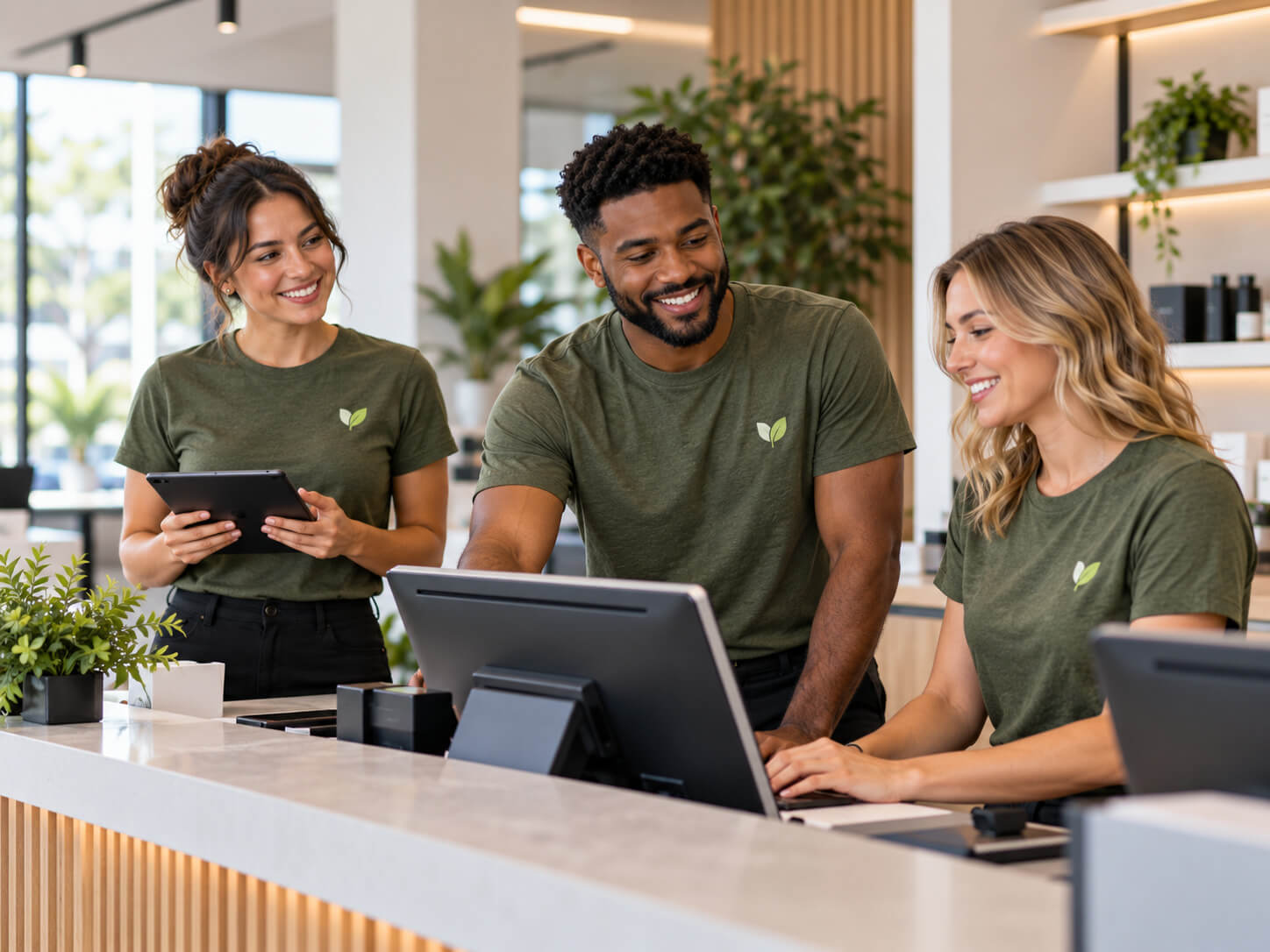Colaboradores utilizando camisetas personalizadas com logotipo durante atendimento em ambiente comercial.