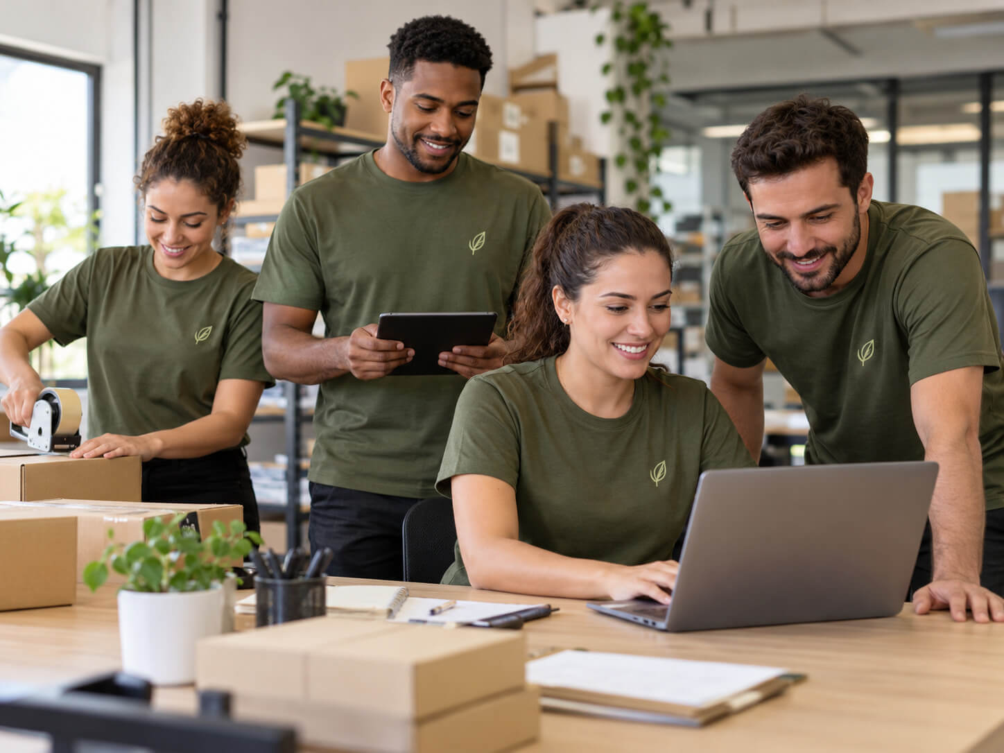 Colaboradores usando camisetas verde-oliva com logotipo durante atividades operacionais em uma empresa.