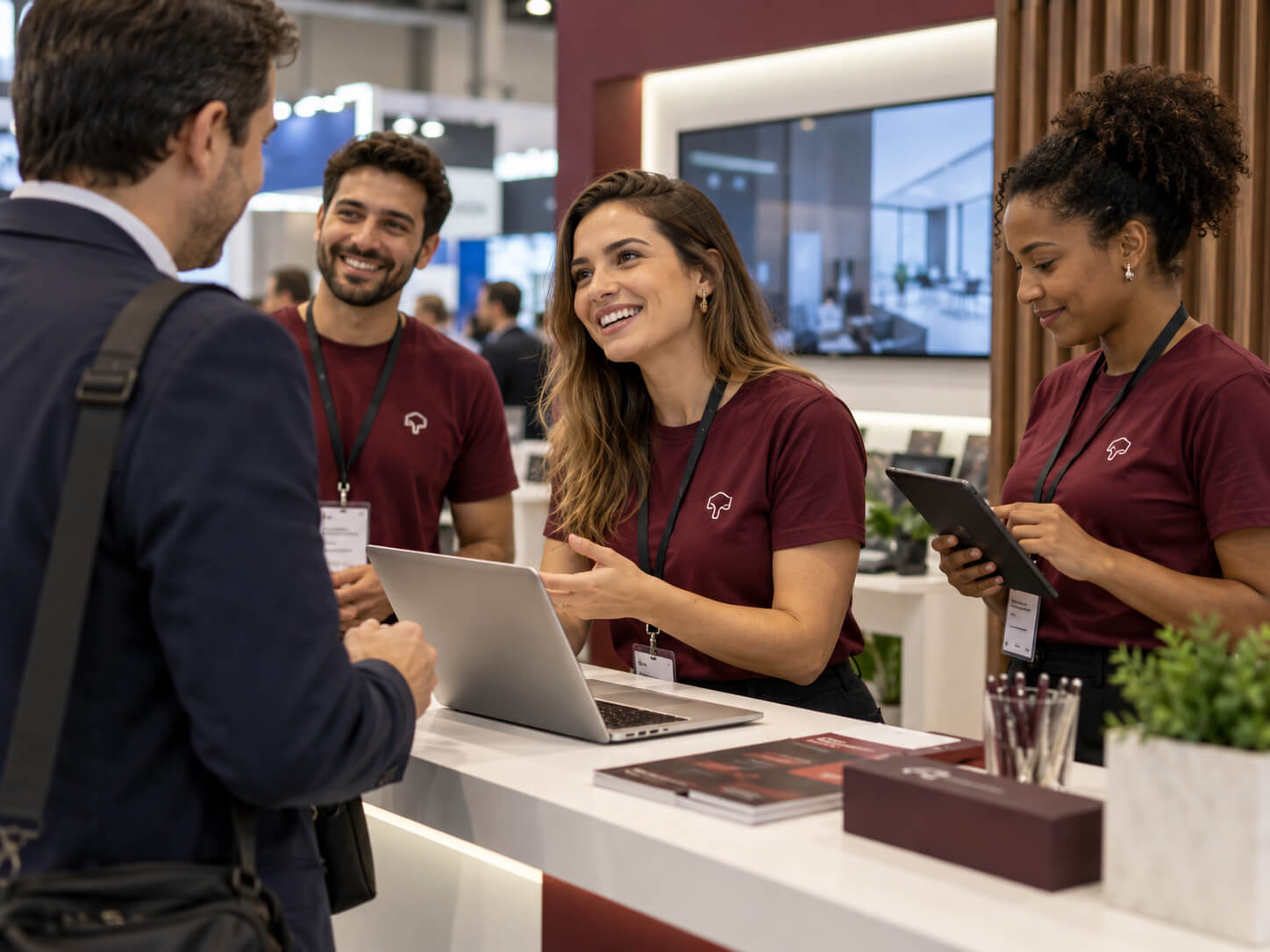 Equipe de expositores usando camisetas personalizadas vinho durante atendimento em feira de negócios.