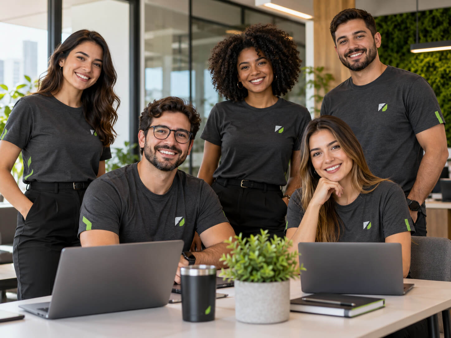 Equipe utilizando camisetas personalizadas para empresas com logotipo em ambiente corporativo