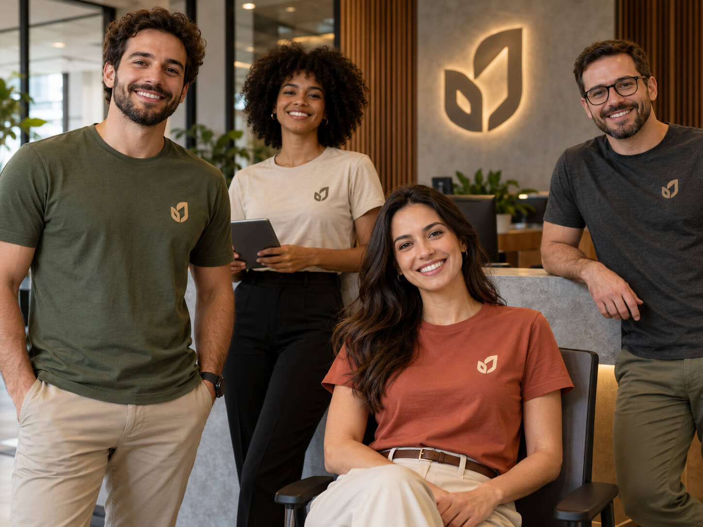 Equipe de profissionais utilizando diferentes modelos de camisetas personalizadas, incluindo polo e camisetas de gola redonda.
